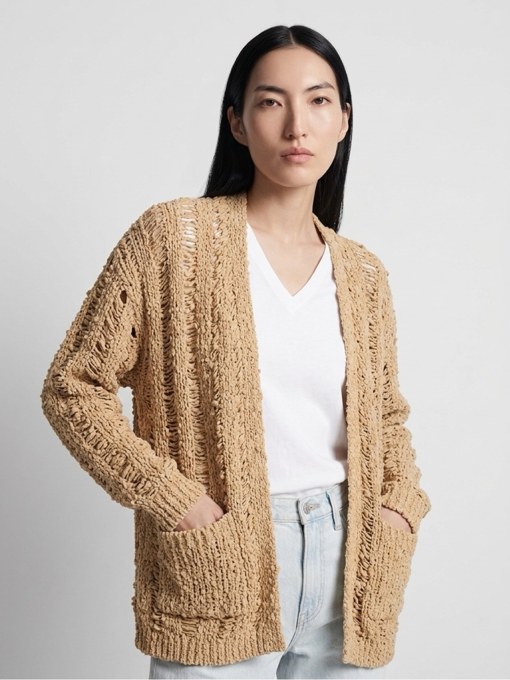 Earthbound Trading Co Boho Open Front Knit Crochet Tan Cardigan Weaved Large
